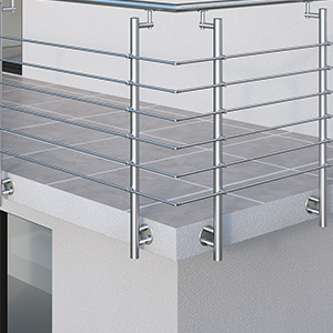 Edelstahl Relinggeländer vor der Bodenplatte (Stirnseite) montiert