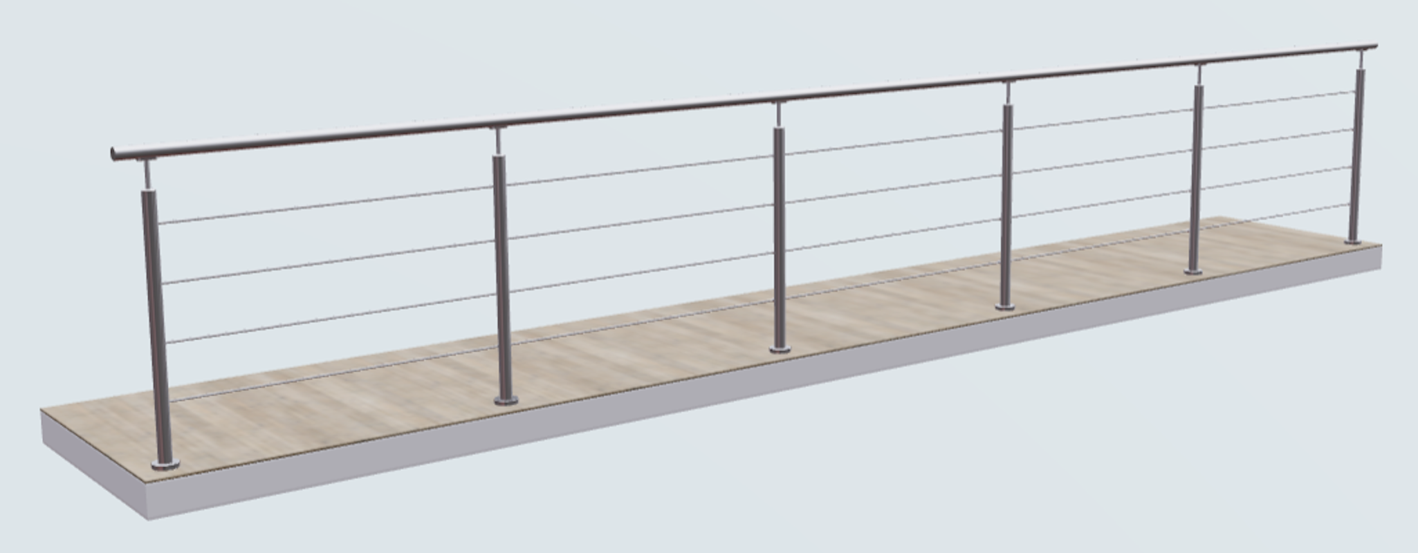 Relinggeländer mit 4 Querstreben und 6 Pfosten aufgesetzt