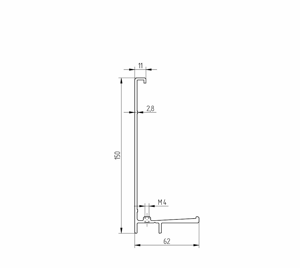Zeichnung des Abdeckprofil fuer vorgesetzte Montage mit Entwaesserung