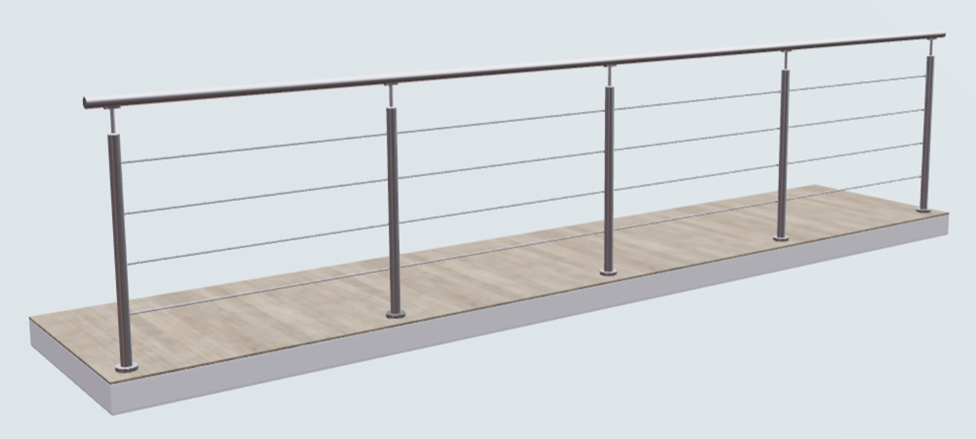 Relinggeländer mit 4 Querstreben und 5 Pfosten aufgesetzt