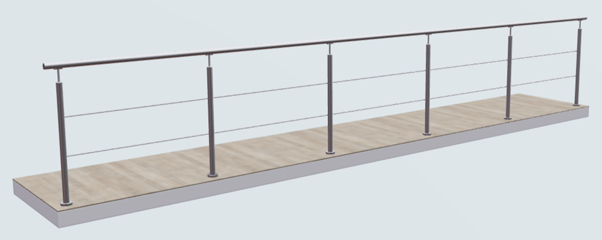 Relinggeländer mit 2 Querstreben und 6 Pfosten aufgesetzt