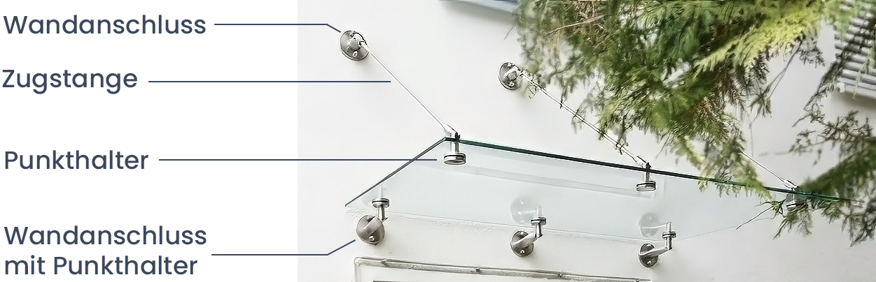 Edelstahl Glasvordach mit Wandanschluss, Zugstangen und Punkthaltern an Hausfassade montiert