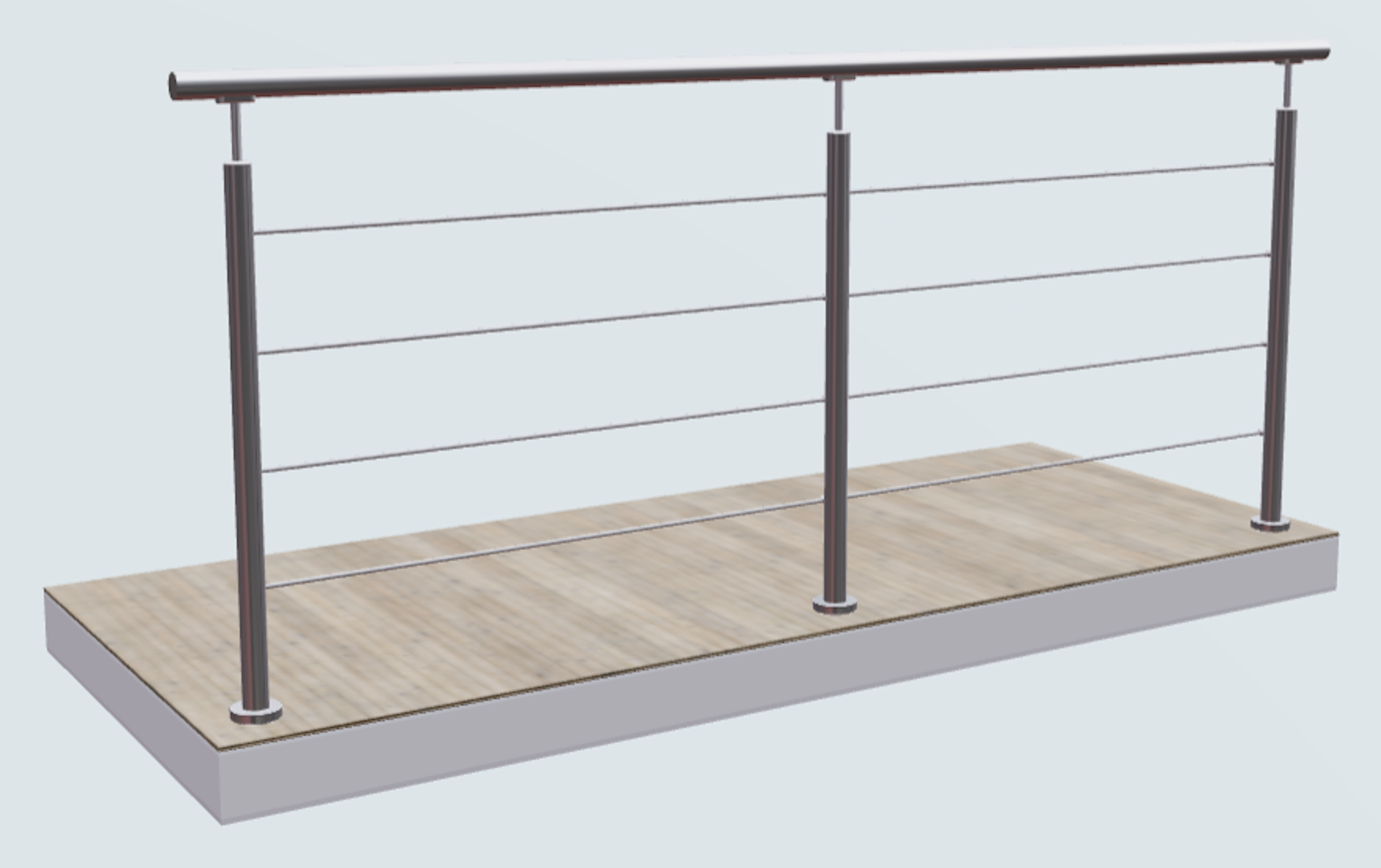 Relinggeländer mit 4 Querstreben und 3 Pfosten aufgesetzt