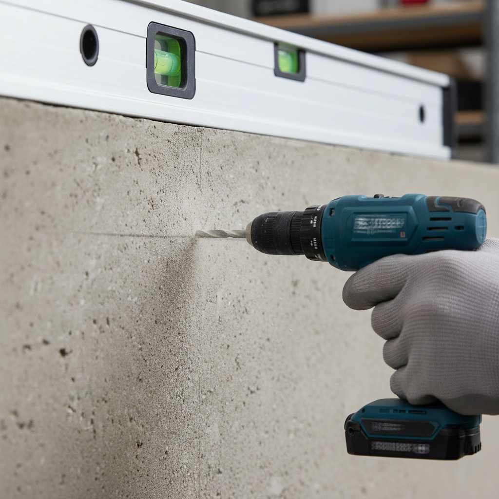 Lochbohrung in Beton mit einem Akkubohrschrauber für die Geländerbefestigung.