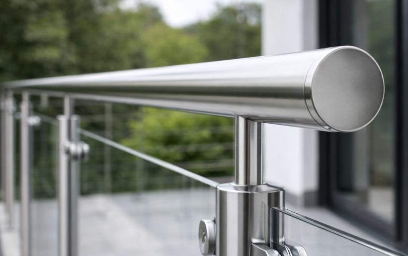 Nahaufnahme eines modernen Balkongeländers aus gebürstetem Edelstahl mit Glaselementen und rundem Handlauf