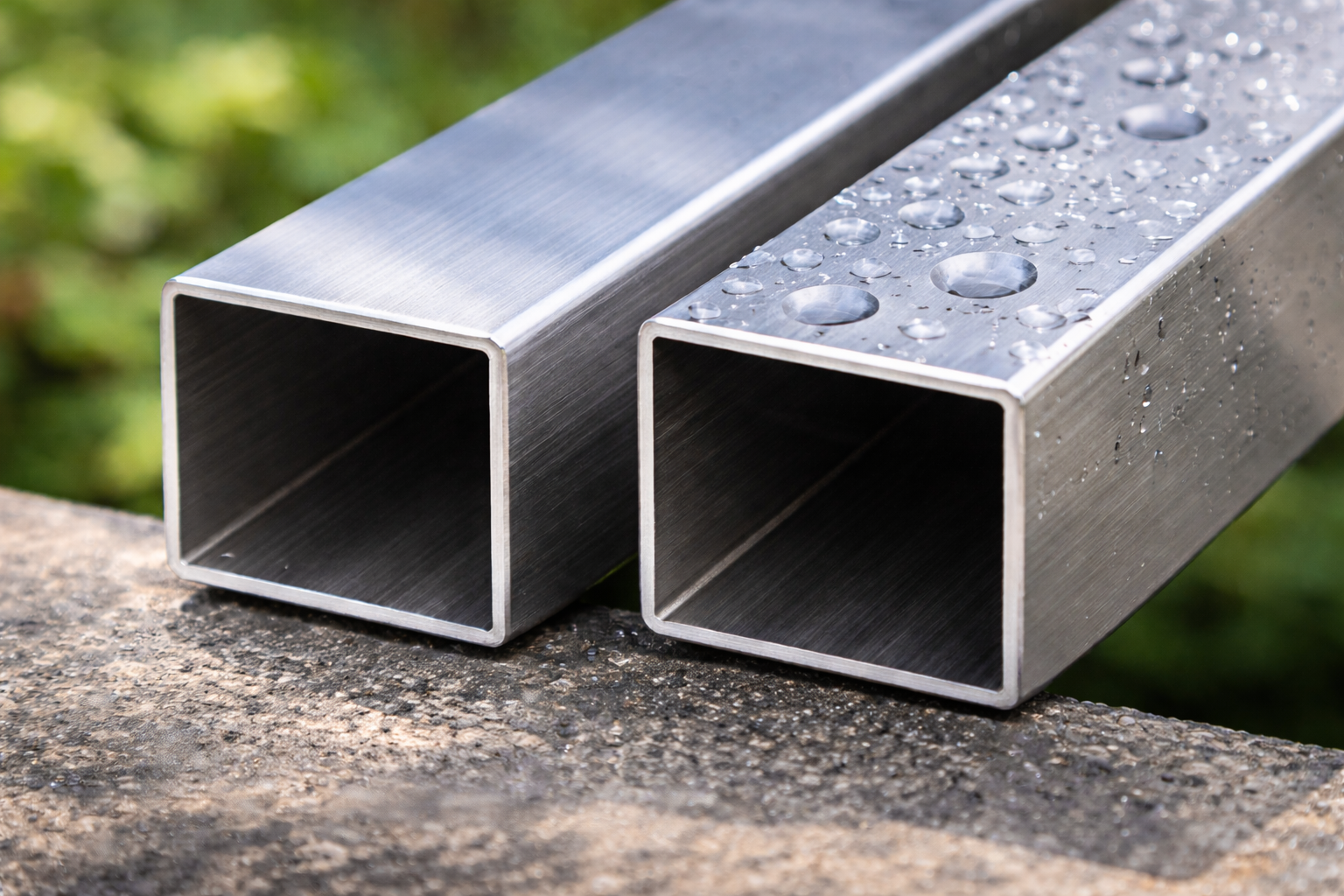 Detailaufnahme von zwei Edelstahlprofilen im Außenbereich, unterschiedliche Oberflächenstruktur