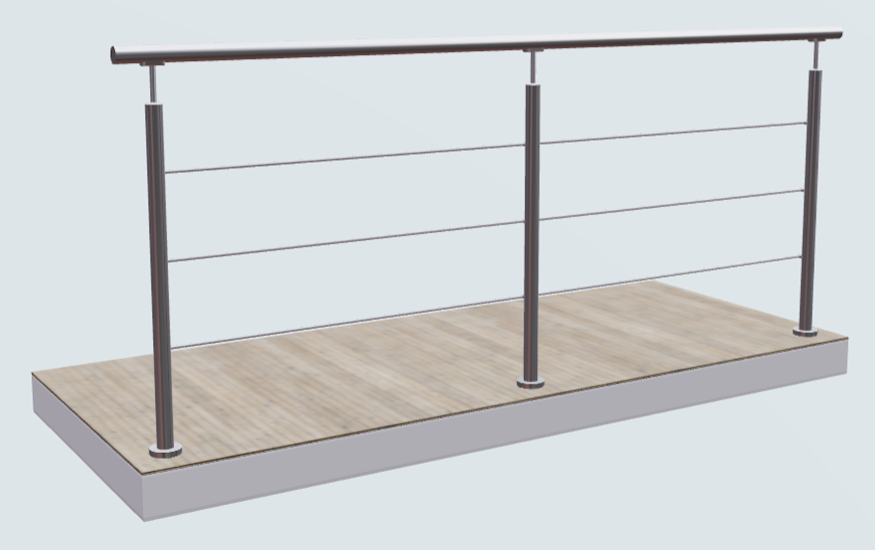 Relinggeländer mit 3 Querstreben und 3 Pfosten aufgesetzt