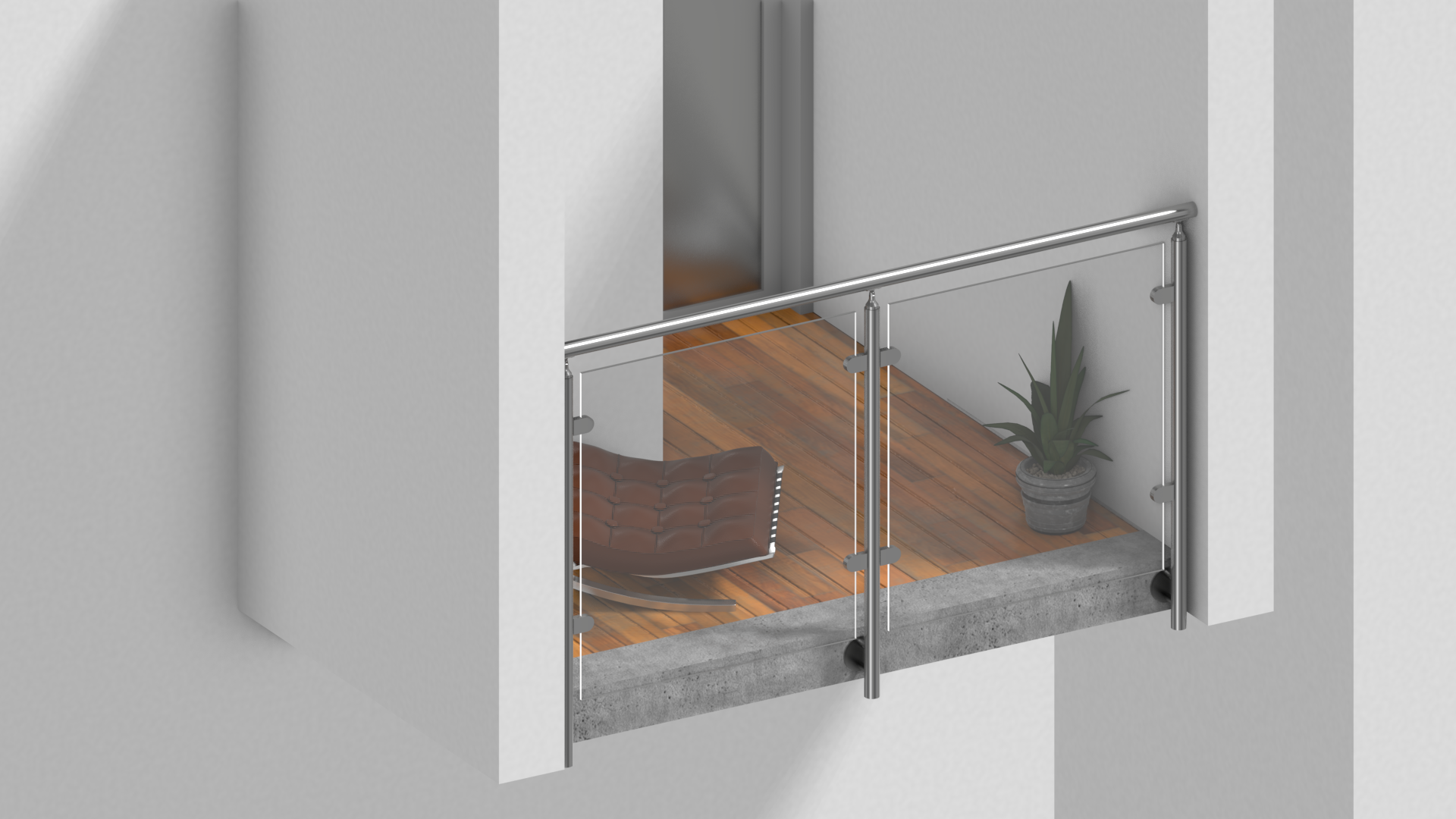 Edelstahl Glasgeländer Bausatz in I-Form zur vorgesetzten Montage mit Klarglas