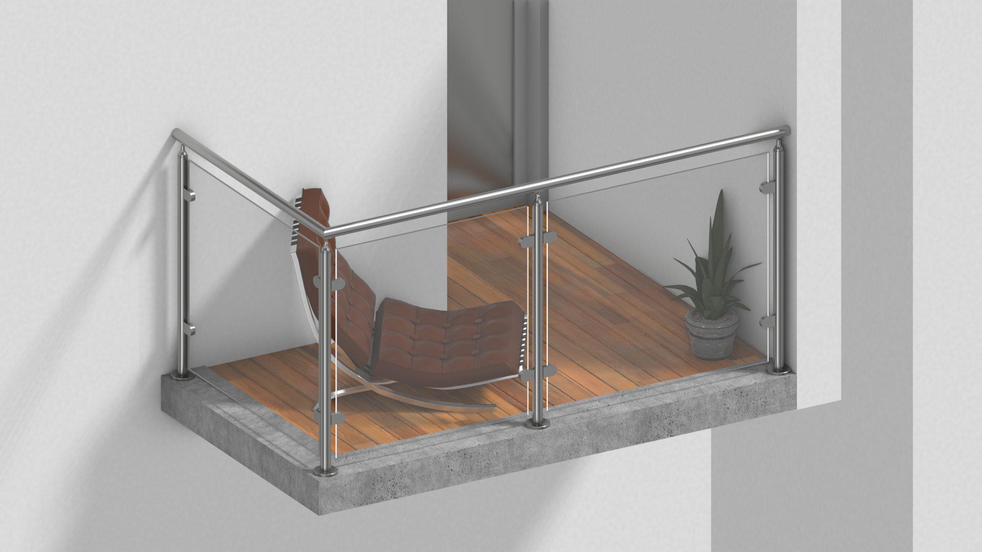 Edelstahl Glasgeländer Bausatz in L-Form zur aufgesetzten Montage mit Klarglas