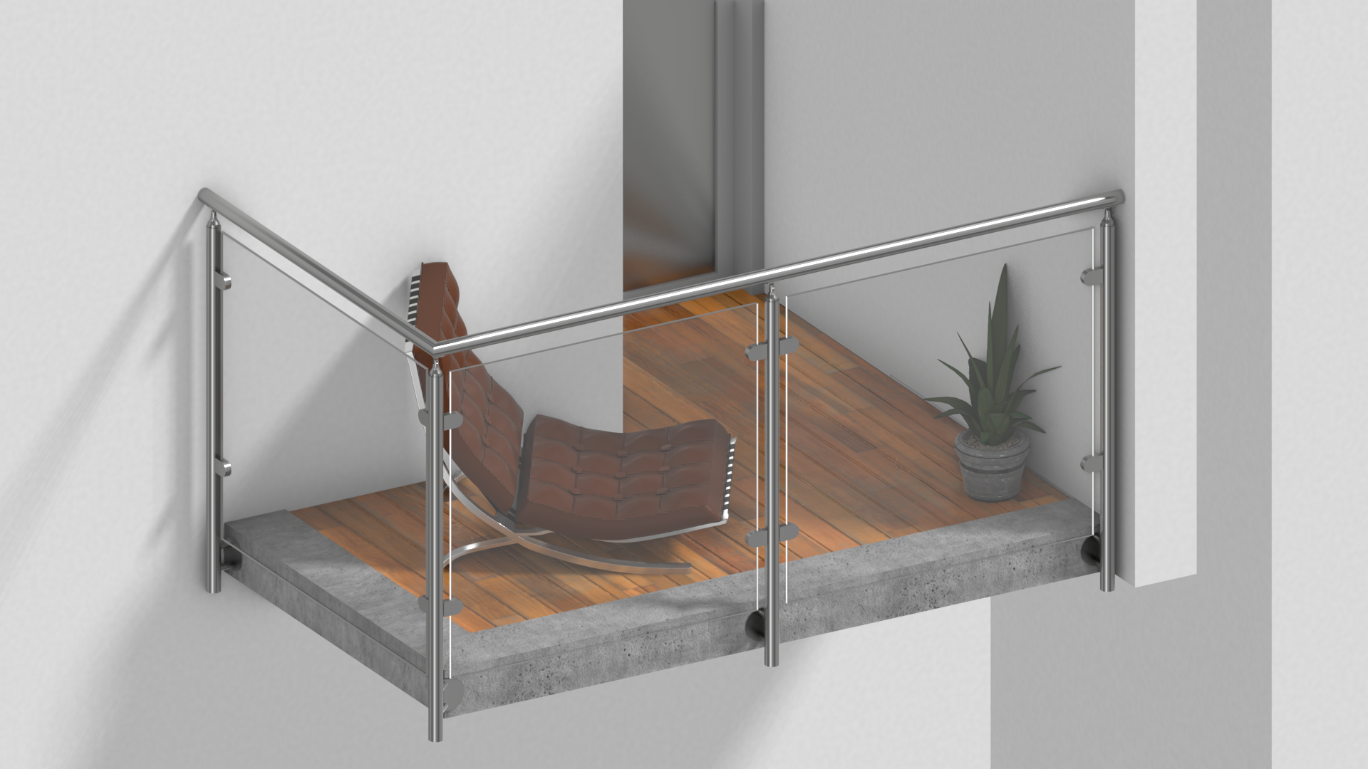 Edelstahl Glasgeländer Bausatz in L-Form zur vorgesetzten Montage mit Klarglas