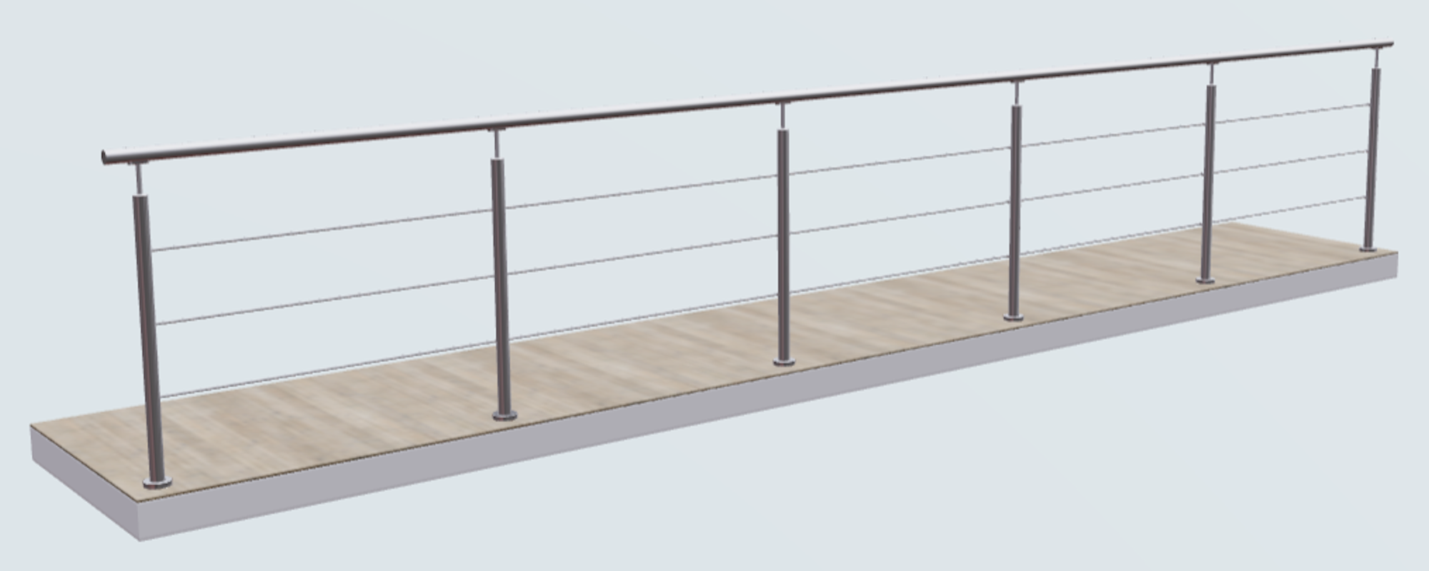 Relinggeländer mit 3 Querstreben und 6 Pfosten aufgesetzt