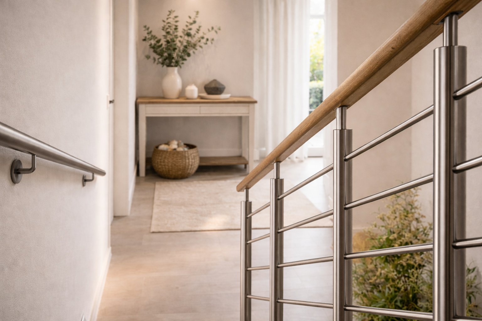 Edelstahl-Treppengeländer mit Holzhandlauf in modernem Wohnhaus, minimalistisches Innendesign mit klaren Linien