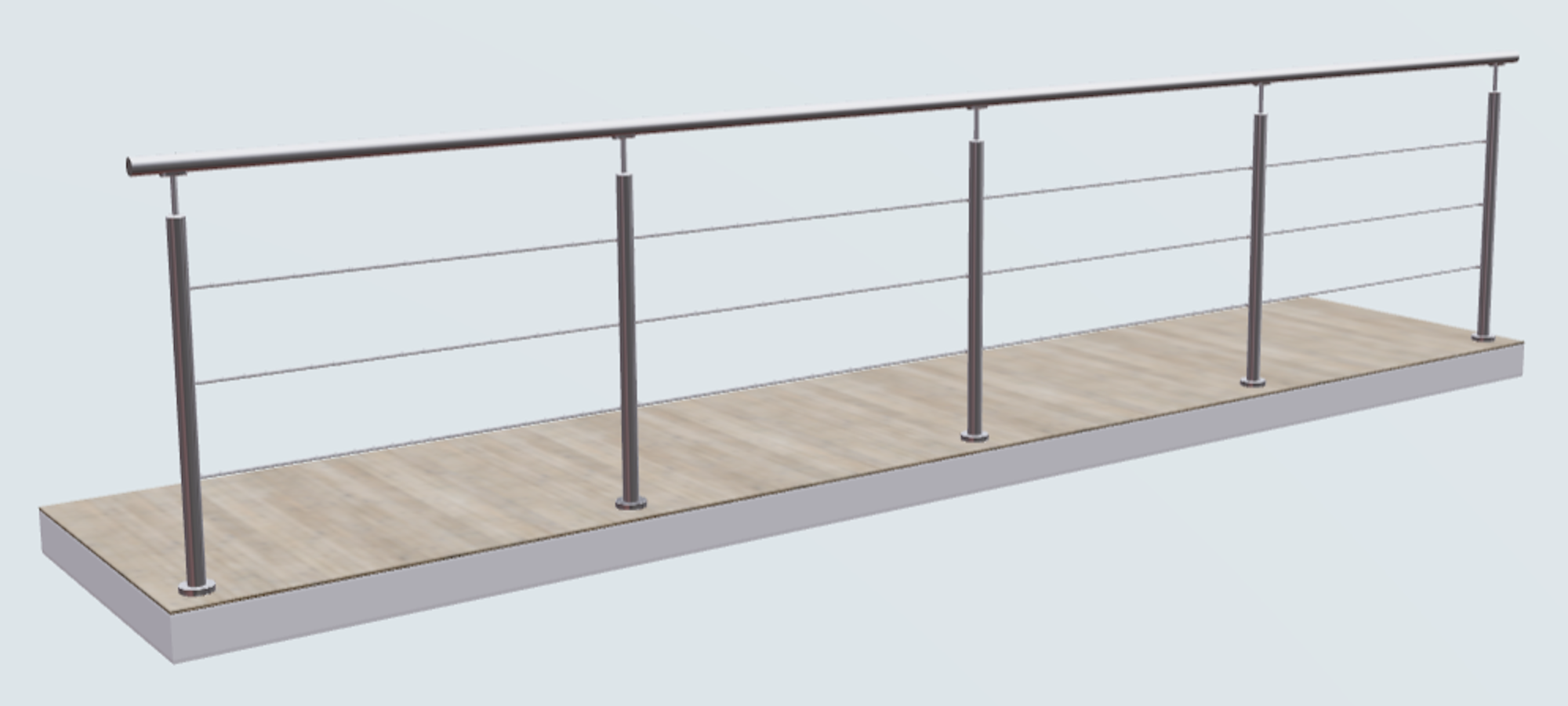 Relinggeländer mit 3 Querstreben und 5 Pfosten aufgesetzt