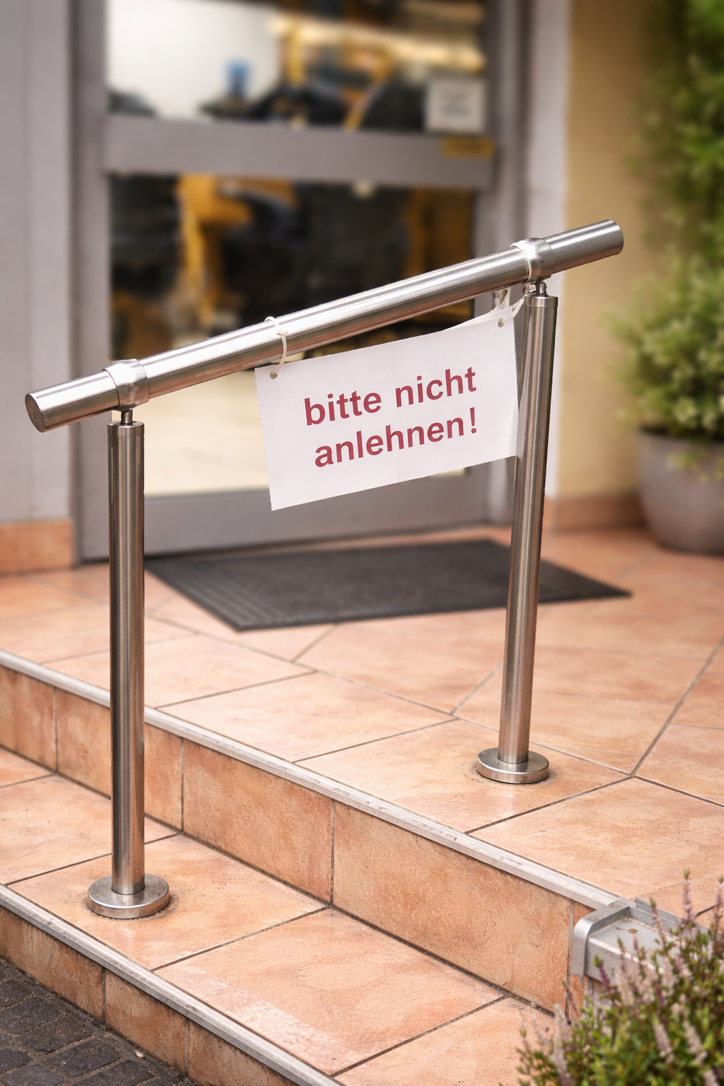 Edelstahl-Geländer im Hauseingang mit stabiler Pfostenverankerung und Hinweisschild „bitte nicht anlehnen“