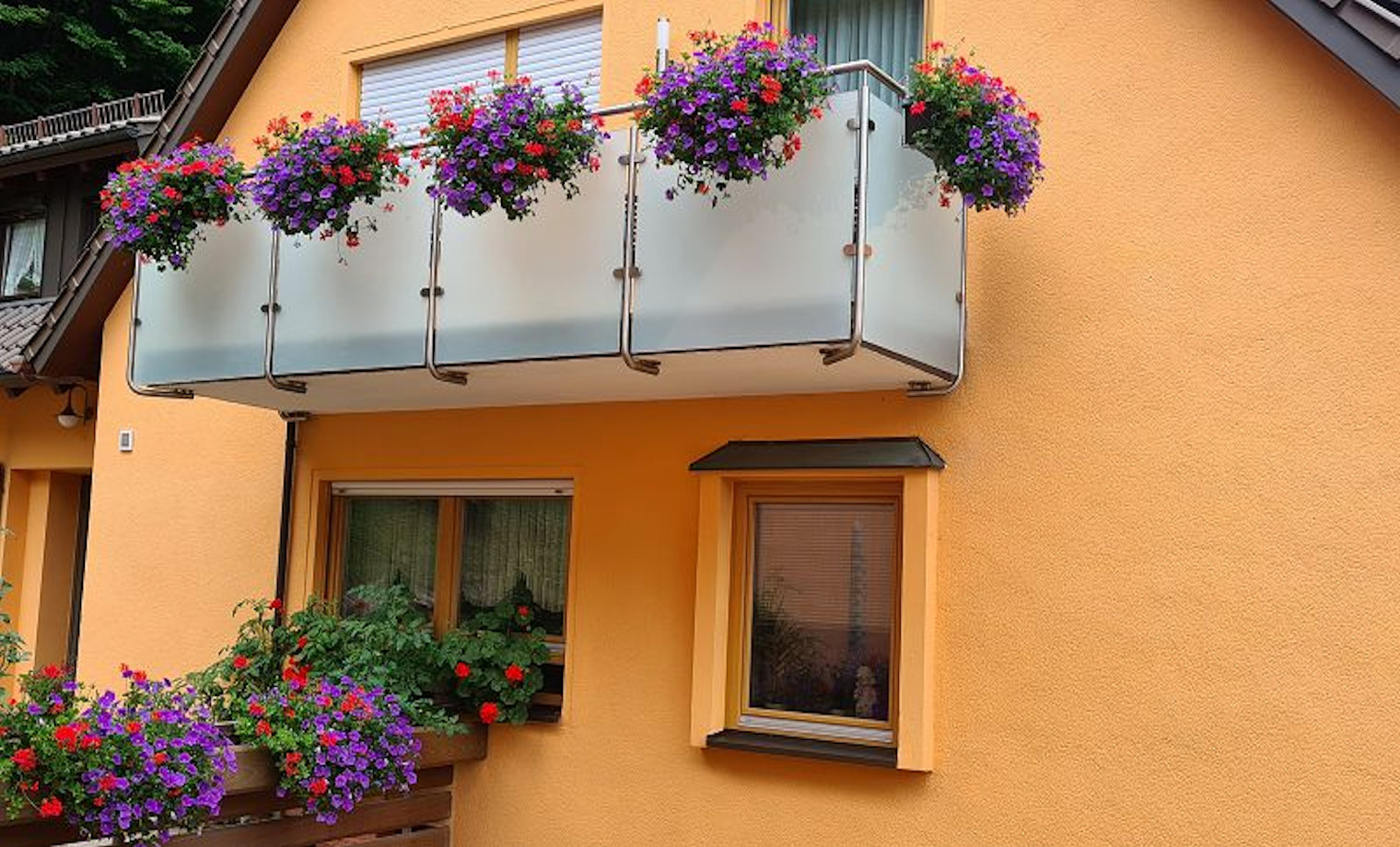 Edelstahlgeländer mit Glasfüllung von unten verschraubt und mit Blumenkästen dekoriert
