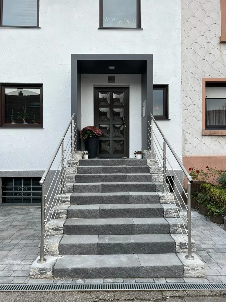 Relinggeländer aufgesetzt mit 5 Querstreben aus Edelstahl  auf Eingangsstufen zum Hauseingang montiert