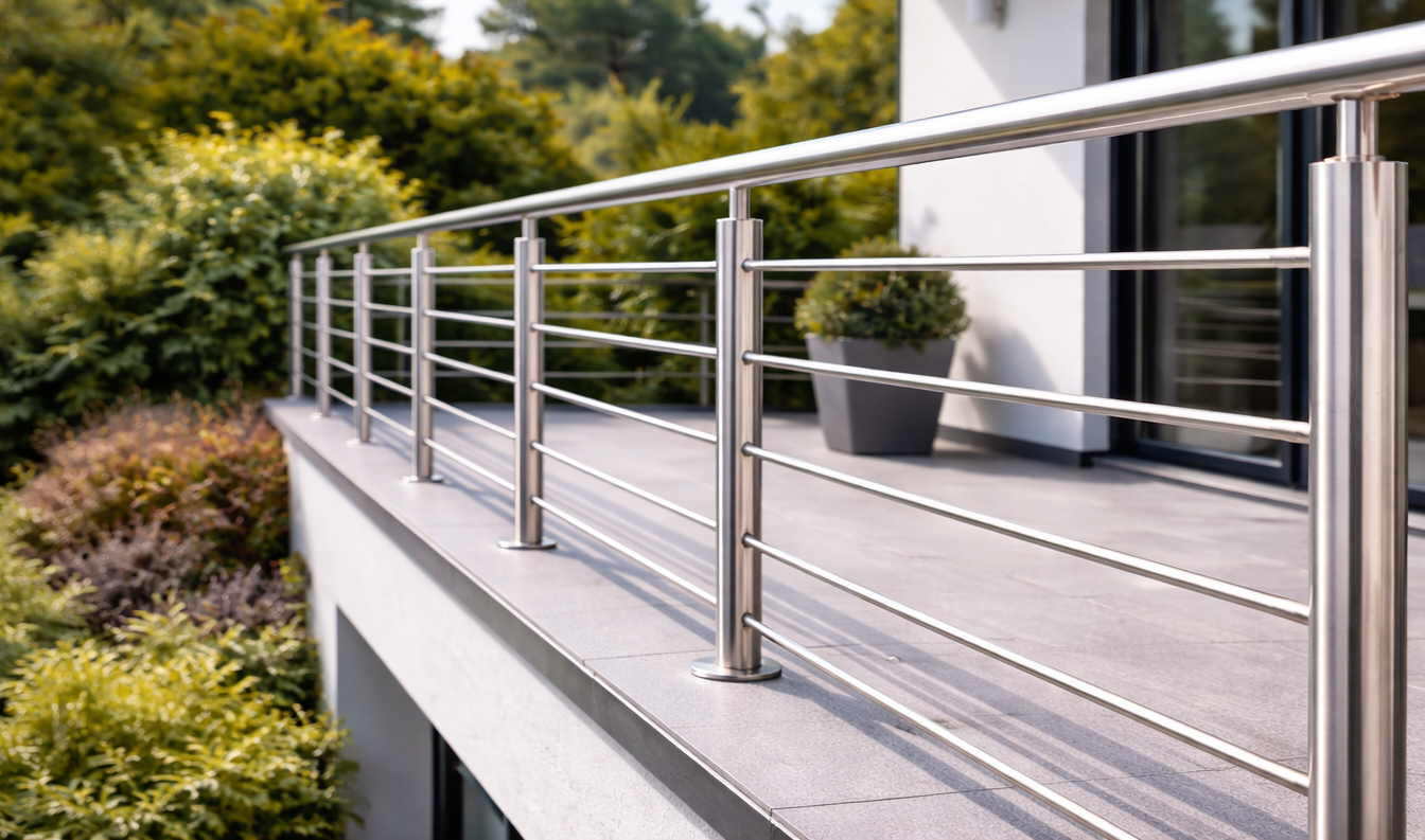 Edelstahl-Geländer als Bausatz an modernem Hausbalkon