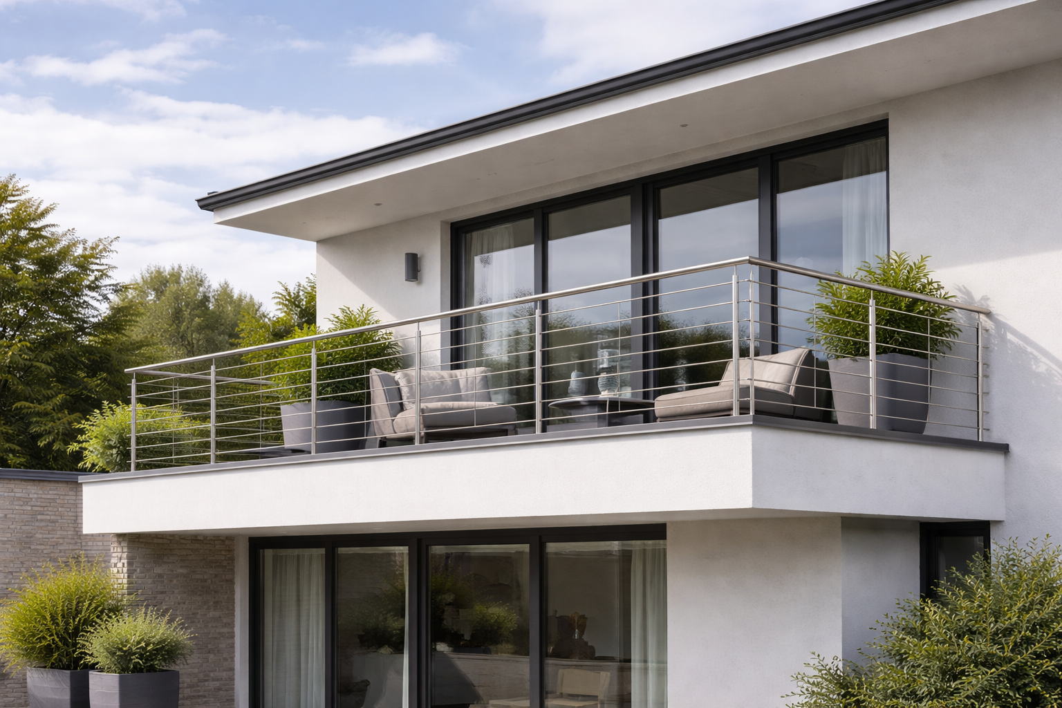 Moderner Balkon mit hochwertigem Edelstahlgeländer an einem Wohnhaus bei Tageslicht