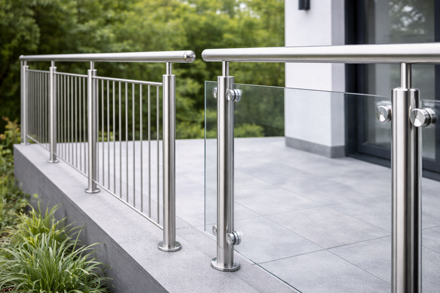 Kindersicheres Edelstahlgeländer mit senkrechten Stäben und Glasfüllung ohne Leitereffekt
