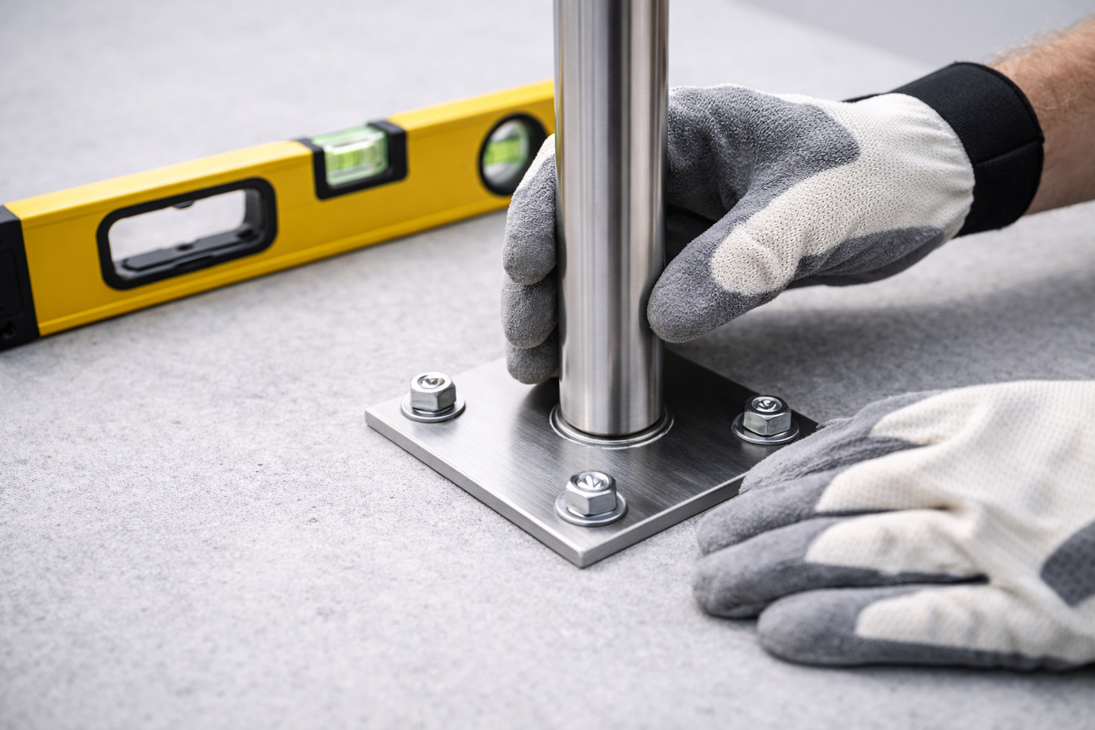 Ein Handwerker richtet einen Edelstahlpfosten mit Bodenplatte auf einem Betonfundament aus.