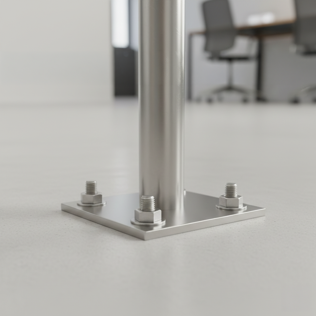 Nahaufnahme einer fachgerechten Bodenverankerung eines Edelstahl-Geländerpfostens mit massiver Bodenplatte und Schwerlastankern auf Kopfsteinpflaster.